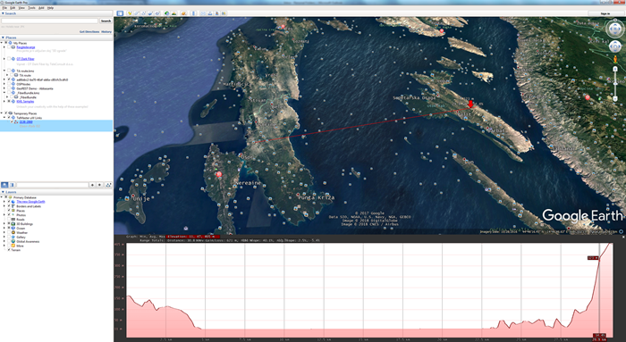 Figure 18:  Elevation profile for selected microwave link in Google Earth.